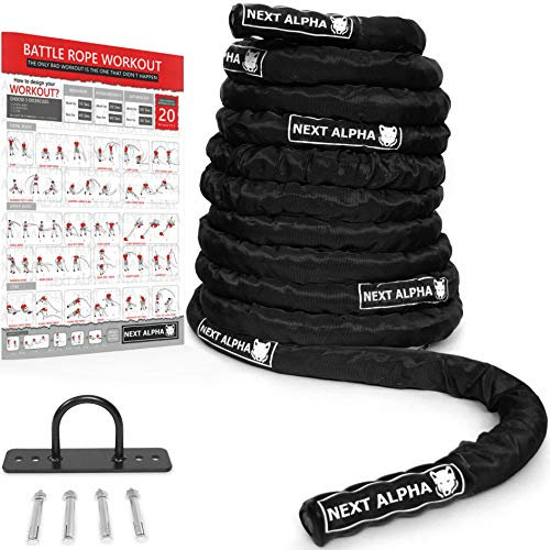 Next Alpha Battle Rope - Corde Ondulatoire - 38mm/50mm, 9m/12m/15m - Manche de Protection - Fixation Murale - Workout Instruction Poster
