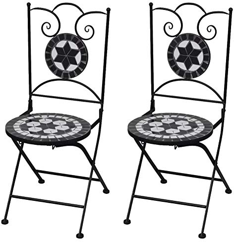 Bistrostuhl,2X Metall Garten Klappstuhl klappbare Bistrostühle Gartenstuhl Mosaikstühle schwarz und weiß 37 x 44 x 89 cm