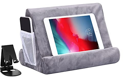 2pcs Multi-Angle Tablet Holder Cushion Stand with Net Pocket & Black Color Phone Stands Upgraded Tablet Pad Support for Phone,Pad,Books(LightGrey)