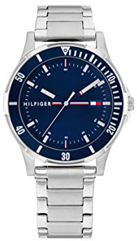 Tommy Hilfiger Jungen Uhr mit Blauem Zifferblatt, Edelstahlarmband, 34 mm Edelstahlgehäuse, Aluminiumlünette, 3-Zeiger-Quarzwerk, 5 ATM Wasserdicht - 1720018