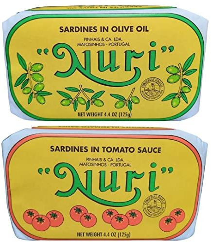 Nuri - Sardinen in Olivenöl und in Tomatensauce mit Olivenöl, 2 x 90 g Dose