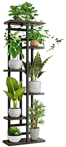 QLFJ-FurDec 6 Tier Pflanzentreppe Halter Indoor, Holz und Metall Stehendes Blumenständer Regale, 7 Topf Multi Blumentopf Topfhalter für Balkon Garten Fensterbank Ecke (6 Tier 7 Töpfe, Schwarz)