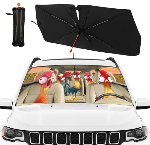 CHILL·TEK Funny Animals Car Windshield Umbrella, Rooster Sun Shade Umbrellas for Car Front Window,Block UV Rays Foldable Windshield Umbrella Sun Visor Protector-Keep Vehicle Cool for Most Vehicles