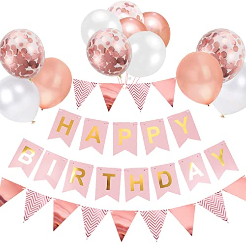 Luftballons Geburtstag Dekoration Set, Roségold Geburtstagsdeko Happy Birthday deko Banner Party Deko Geburtstag Set mit Roségold Luftballons Konfetti Ballons Dreiecksflaggen Girlanden