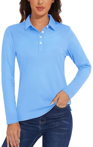 TACVASEN Women's Polo Shirts Long-Sleeve Top Breathable Casual Sports Polo Plain Golf Tops T Shirts Waterfall Blue,M