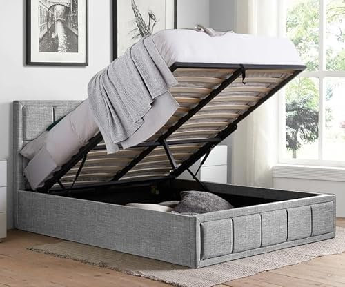 King Size Bed Frame, Upholstered Ottoman Bed UKFR Linen Grey Fabric Ottoman Storage Bed with Gas Lift End Opening Wooden Slats with Storage Bed (5ft King 150 x 200, No Mattress)