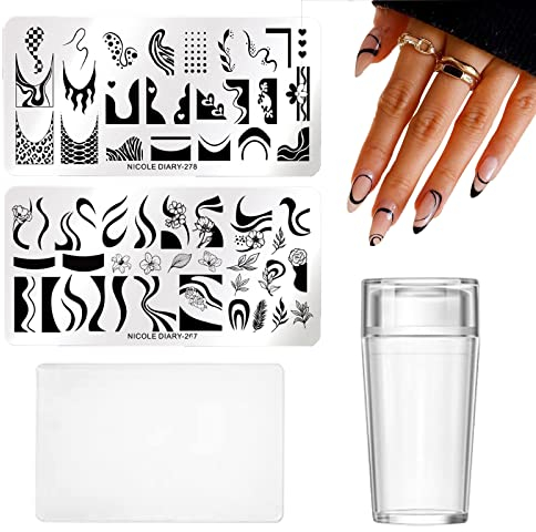 XIXKOLYU 2-teiliges Nagelstempel-Schablonen-Kit mit 1 Stamper 1 Schaber Nagelstempelplatten für Nail Art Swirl French Line Nail Art-Vorlagen Nagelstempel-Schablonenplatten-Set
