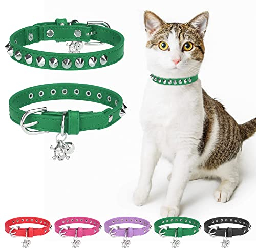 DILLYBUD Leder-Katzenhalsband für Jungen, Mädchen, Katzen, mit Glöckchen und elastischem Sicherheitsgürtel, personalisierte Nieten, verstellbare sichere Schnalle, Halsband mit Totenkopf-Anhänger für