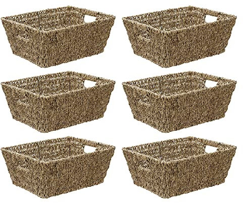 JVL Large Hand Woven Seagrass Rectangular Storage Basket, H:16 x W:38 x D:29cm, Capacity:14L, Set of 6 Natural