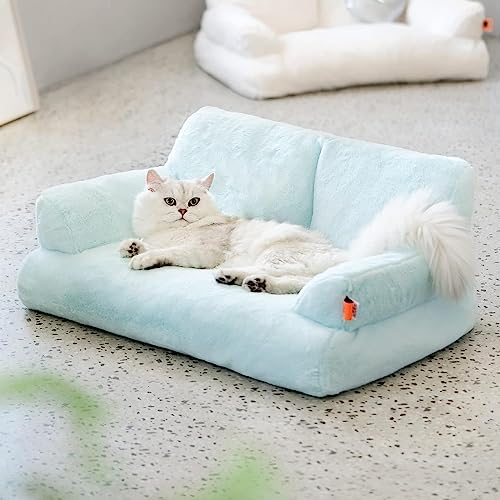 MEWOOFUN groß Katzenbett kleines Hundesofa Flauschig und waschbar Katzensofa Hundebett für Katzen, weich Katzenbett katzencouch mit Rutschfester Unterseite, blau 66x48cm