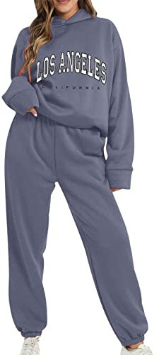 Tuta da jogging da donna con stampa Los Angeles, tuta sportiva da traing, 2 pezzi, per il tempo libero, top a maniche lunghe, tuta sportiva + tuta sportiva, O blu., S