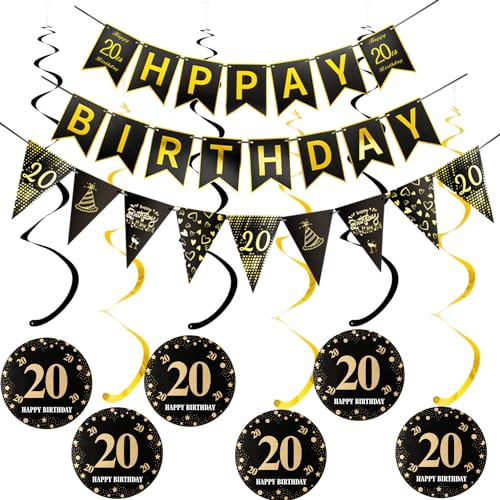 Happy 20th Birthday Banner +Dreiecksflaggen Happy Birthday Girlanden+ 20 Geburtstag Hängedeko Spiralen Set, Schwarz Gold 20.Geburtstag deko für Mädchen Junge,20. Hängedeko Deckenhänger