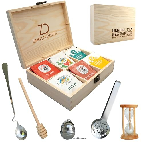 Zinello Design - Scatola da tè in legno + set di accessori per la tisana, infusione | Cofanetto regalo per lo stoccaggio e l'organizzazione della cucina | cucchiaio per miele, pinze, palla da tè,