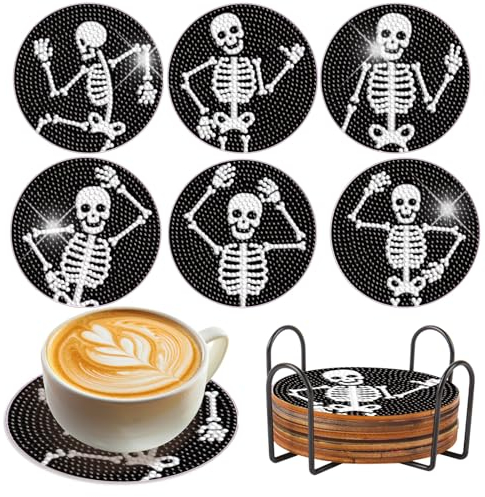 SHEGZHUC Diamond Painting Dessous de Verre Tete de Mort Lot de 6 Diamond Painting sous Verre Diamant Painting avec Support Broderie Diamant sous Verre Crâne Skull Crane Café Tasses à Thé et Boissons