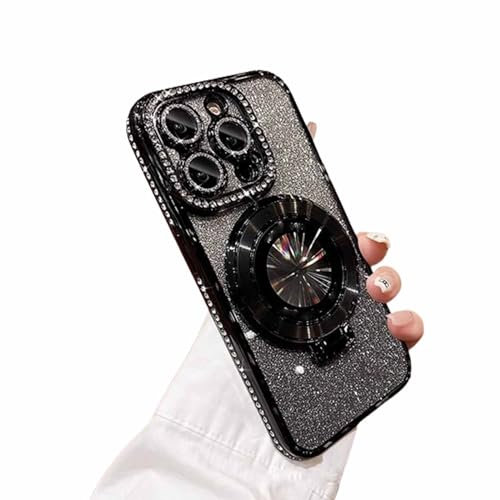 Glitter Diamond Magnetic Ring Holder Case for iPhone, Electroplated Gradient Shockproof Invisible Stand Cell Phone Case, Sparkling Diamond Cover Glitter Shiny Rhinestone Cases (Black,for iPhone 14pro)