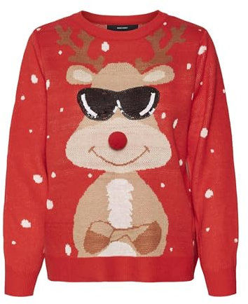 VERO MODA Damen Weihnachts Strick-Pullover VMNew Tinsel Rentier Weihnachten 10309503 Chinese Red Artwork M