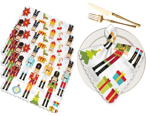 Nutcracker Table Napkins Cloth Set of 4 Soft Christmas Tree Star Flower White Washable and Reusable Dinner Napkins for KitchenWeddings Parties 18 x 18 inch