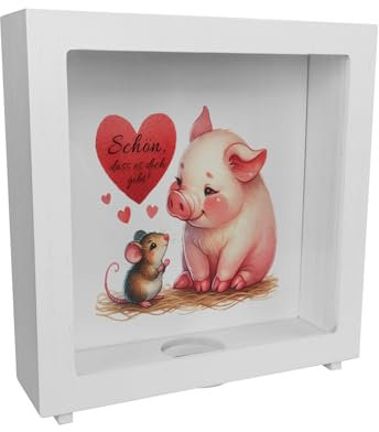 Schwein mit Maus und Herz Rahmen Spardose aus Holz mit Spruch Schön DASS es Dich gibt Tierisch freundlich rot klein und voller Liebe Schön DASS es Dich gibt