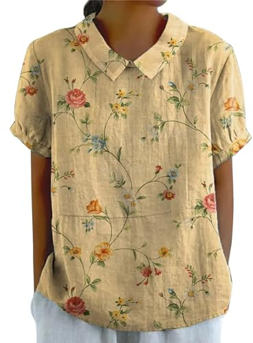 Shirt Sommer Damen Leinenbluse Art Floral Rundhals Lose Pullover Top Freizeithemd T-Shirt Tshirt 2026 Button-Down Kurzarm, Herbst Duftende Hanf Rot
