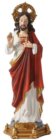 Joyzan Estatua Jesus del Sagrado Corazón De Jesús, Estatuas con Base Dorada Resina Coloreada Accesorios Escultura Inspiradores Compacto Apariencia Vívida Talla Hecha a Mano para Decoración Hogar