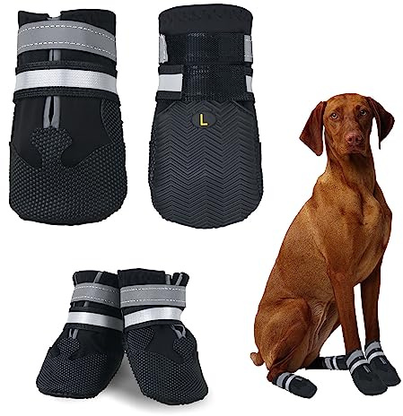 NeuWee Hundeschuhe Pfotenschutz, 4 Stück wasserdichte Hundeschuhe Anti-rutsch Hundestiefe mit Reflektierenden Riemen, Hundeschnee Stiefel für kleine, mittlere und große Hunde(Schwarz, L)
