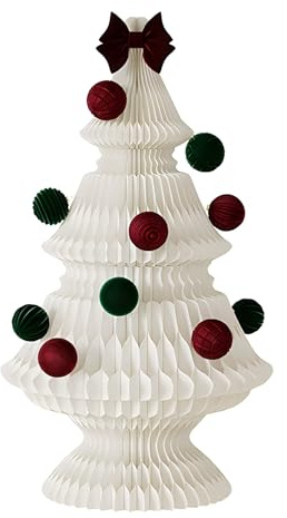 Albero Di Natale Pieghevole In Carta, Albero Di Natale A Nido D'ape con Accessori, Albero Di Natale per Feste(White,22x39 in)