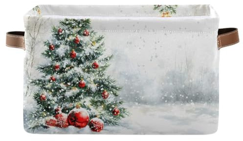 Storage Basket Christmas Tree with Light Balls in Snow Canvas Collapsible Box Organizer Bin with Handles