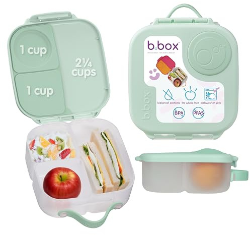 b.box Mini Lunchbox | Bento Box with 3 Compartments (2 Leakproof) | Ideal for Toddlers, Kids Lunch & Snacks | Fits Whole Piece of Fruit | BPA Free | Bento Box for Kids, Sanck Box, Lunch Containers, Leak Proof, Dishwasher Safe, BPA Free, PFAS Free, Ages 3+ — Spearmint