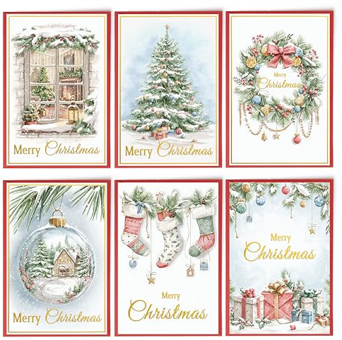 Solpla 24 Christmas Cards Assortment, Festive Gold Foil Glitter Watercolor Bulk Xmas Cards with Envelopes & Messages - 6 Patterns, 4 3/4 x 7 for Friends, Family, Kids, Boys & Girls