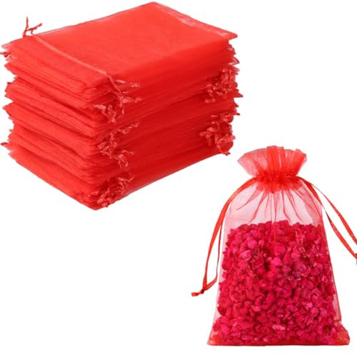 Hopttreely Organza-Beutel mit Kordelzug, 10,2 x 11,9 cm, Rot, 100 Stück