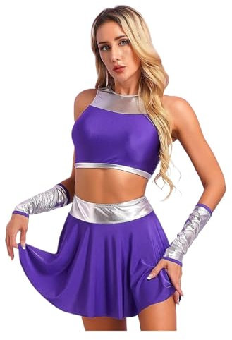ZGXNYI Cheerleader Kostüm Damen Damen Halloween Metallic Patchwork Anzug Cheerleading Outfits Ärmelloses Crop Top Handschuhe und Mini Swing Rock Cosplay Kostüme Cheerleader Kostüm für Frauen(M)