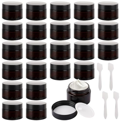LDXDRU Lot de 24 bocaux en verre ambré de 30 ml rechargeables avec couvercles, doublures intérieures et racloirs, contenants cosmétiques vides pour cosmétiques, poudre, lotion, crèmes