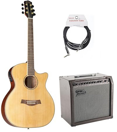 Fame AE-30 Combo Verstärker 30W, 1x10, 2 Kanäle, Red Hill CF-720C EQ Westerngitarre, 3 m MUSIC STORE Gitarrenkabel, Akustikgitarren Set für Musiker