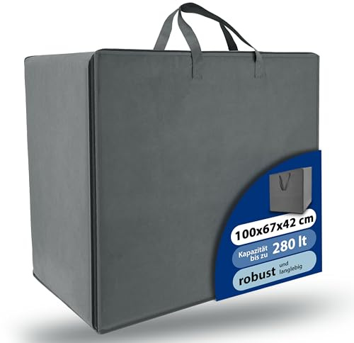 Beautissu Große Aufbewahrungstasche für Bettdecken Kopfkissen Klappmatratze | 67x100x42 cm 280 Liter Grau Robust Tragetasche Bettzeug Gartenauflagen Kleideraufbewahrung