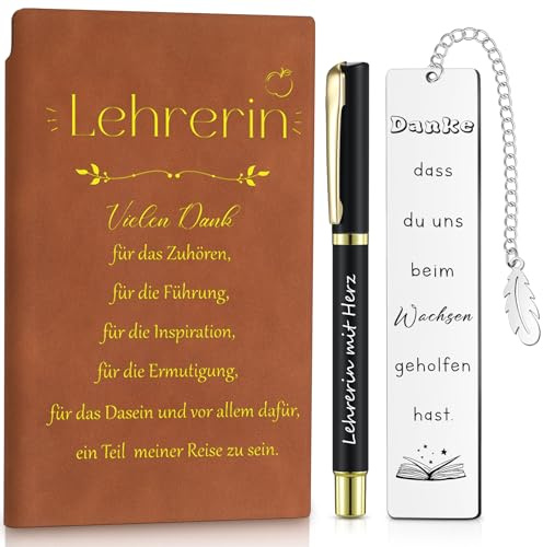 Tenare Lehrer Geschenk Set Braune Leder Notizbuch Kugelschreiber mit Gravur | und Dankeschön Lesezeichen, Abschiedsgeschenk, für Lehrerin Erzieherin Professor