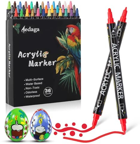 AEDAGA 36 Colours Acrylic Paint Markers, Dual Tip Acrylic Paint Pens with Fine and Dot Tip for Glass, Stone, Wood, Canvas, Paper, Pottery, DIY Crafts, Paint Markers for Adults