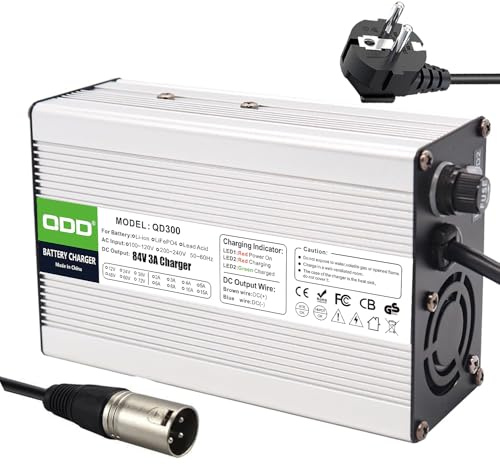 QDD 84 V 3 A Ladegerät, 72 V Li-Ionen-Akku, intelligentes Ladegerät für 20S 72 V Li-Ionen-Akku mit Lüfter, silbernes Aluminiumgehäuse (3-poliger XLR-Stecker)