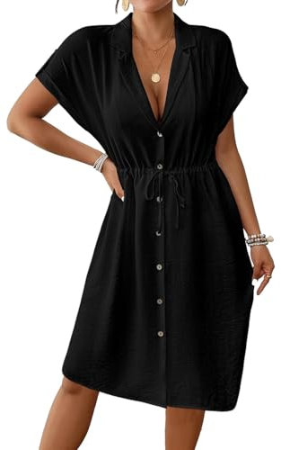 Genfien Sommerkleid Damen Knielang Kurzarm Blusenkleid Elegant V-Ausschnitt Midikleid Casual Strandkleid mit Taschen