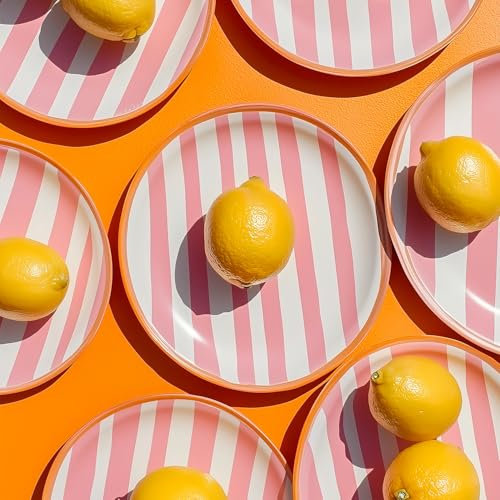 STYLER Glasbild Pink Stripes 30 x 30 cm I Wandbild Zitrone Sommer modern I Küchenbild quadratisch pink gelb I Wanddeko Küche Esszimmer Café I Made in Europe