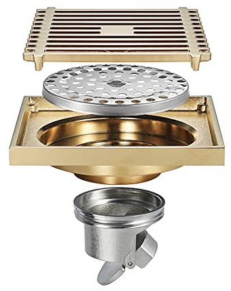ZGYOZMNG 4 Zoll Duschbodenablauf, quadratisches Netz, Goldener Duschablauf, Antikmessing, Deodorant, Badezimmer-Duschablauf mit Abnehmbarer Abdeckung für Badezimmer (Messing) (Messing)