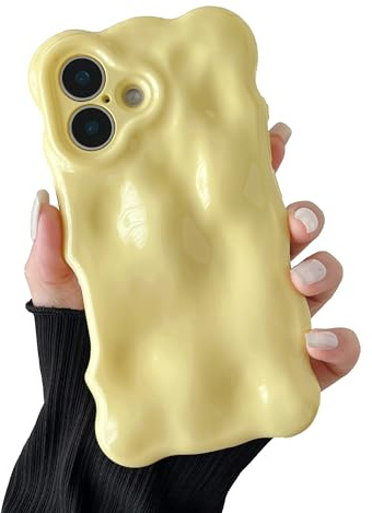 XIZYO Solid Color Wavy Bubble Case for iPhone 16, Bright Yellow | Cute Curly Wave Frame, Aesthetic Curvy Design, Full Camera Protection, Soft TPU Silicone,Shockproof Anti-Yellow,Girly Style