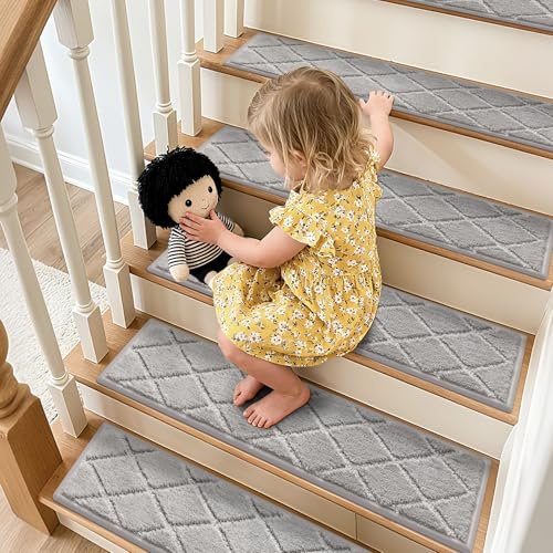 SHIEN Teppich-Treppenstufen (12er Pack) - Extra Dicke 13mm Flor, rutschfeste Stufenschutzmatte & Lärmreduzierend, Waschbare Selbstklebende Treppenmatte für Innentreppen, 76x20cm 12PC Grau Jacquard
