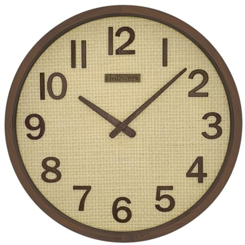 Holzwerk PENZBERG Boho Style Bali Rattan Natur Holz Wanduhr Holz-Uhr Vintage laufleises Uhrwerk ohne Tickgeräusche Braun nahezu lautlos aus handgefertigtem Massivholz 30 cm (Hw.Braun..)