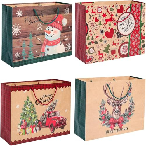 LATERN 8 Stück Weihnachten Geschenktüten, 51CM x 38CM x 18CM Große Kraftpapiertüte Jumbo Weihnachtsthema Goody Geschenktüte mit Griff für Riesige Weihnachten Geschenk Verpackung (4 Muster)