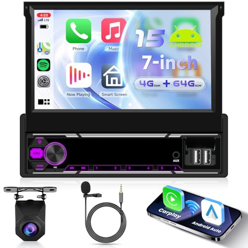 VECHTEL 8 Kern 4G+64G Android 15 Autoradio 1 Din mit Drahtlos Carplay Android Auto, 7 Zoll HD Manuell Klappbarer Touchscreen mit Bluetooth GPS DSP 4G/Wi-Fi EQ AM FM RDS Radio 2USB Rückfahrkamera