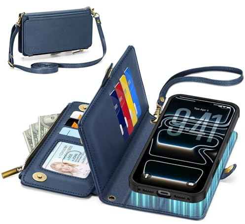 TUCCH Hülle für iPhone 17 Pro Max 6,9, Ständer Dunkelblau | Magnetisches Case, PU Leder, Kabelloses Aufladen, Crossbody Band, Reißverschluss-Geldbörse, RFID Blocker, Kartenfächern