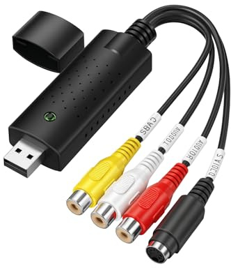 USB 2.0 Video Capture Card Adapter – VHS to Digital Converter with RCA/S-Video – Supports Windows & Mac – Capture Video & Audio from VHS, VCR, Hi8, DVD – Digitise to MP4, DVD, YouTube