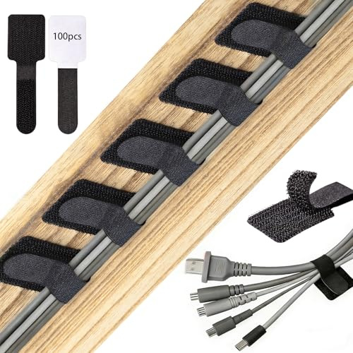 100 Pcs Cable Management Under Desk, Hook and Loop Cable Straps, Black