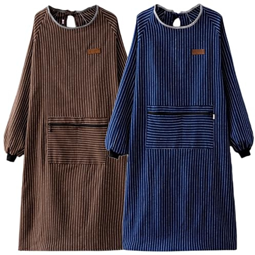 ARKCHIU 2 Stück Kochschürze Damen Männer Kittelschürze Langarm Schürze Mit Taschen Zum Kochen, Malen, HausarbeitenBrown+Blue,One Size