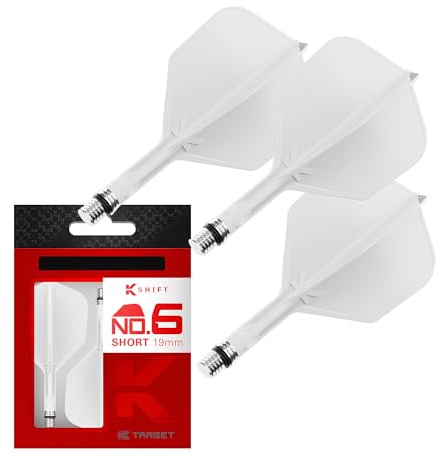 Target Darts K-Shift No.6 Integrated Flights & Shafts | K Shift No.6 Flight & Shaft System, Weiß/Transparent/Schwarz – K-Flex Short/Intermediate/Medium Shift Spin Base, professionelles Dartzubehör